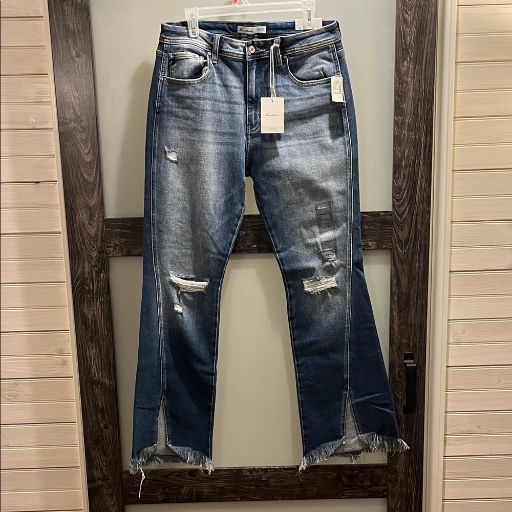 KanCan Women's Dark Blue Distressed Wide Leg Jeans